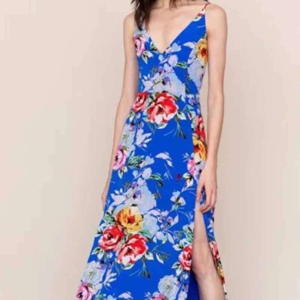 Yumi Kim lovers bouquet royal silk jasmine maxi small floral blue high slit